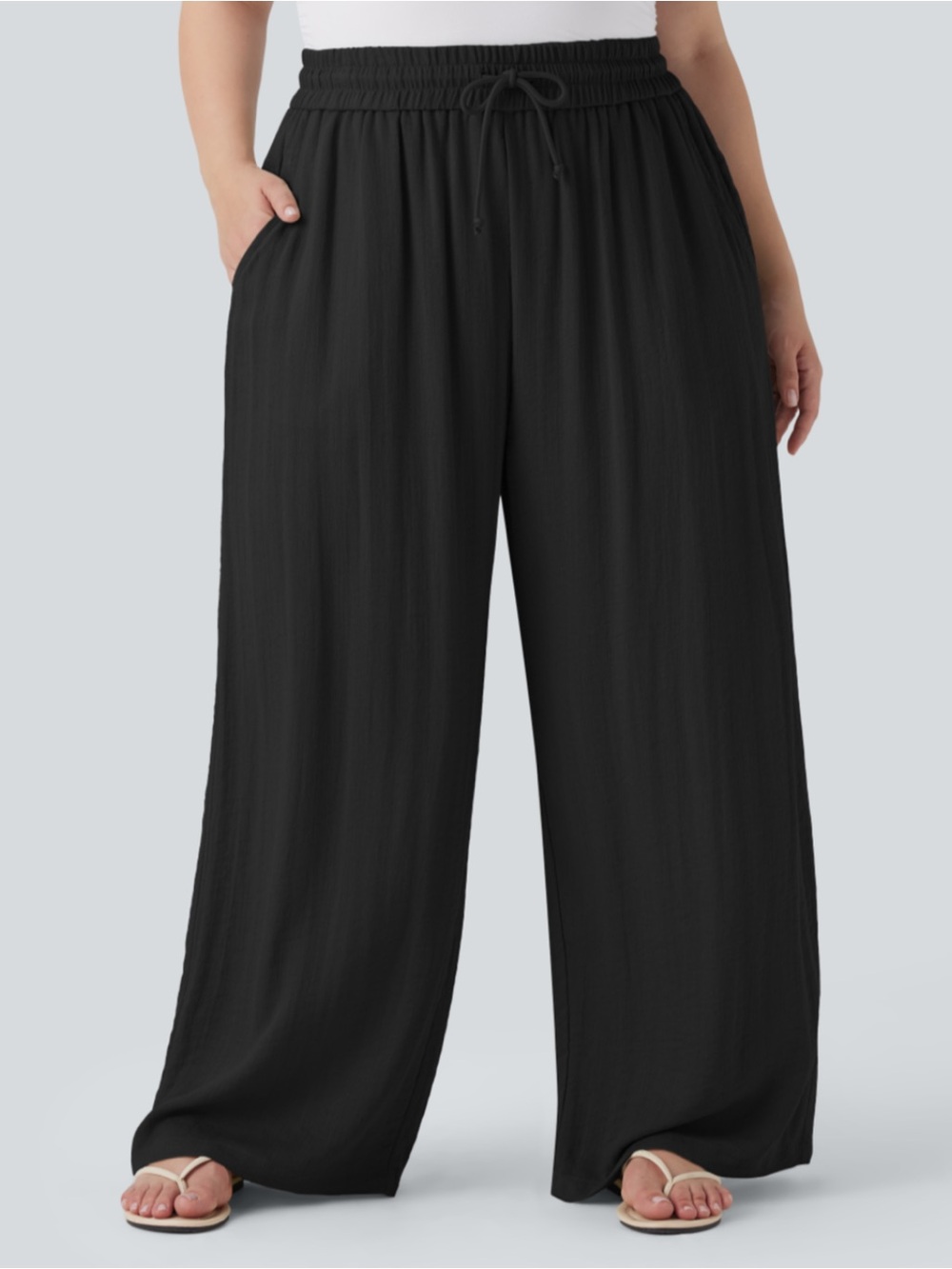 HALARA Black Wide-Leg Pull-On Pants with Drawstring